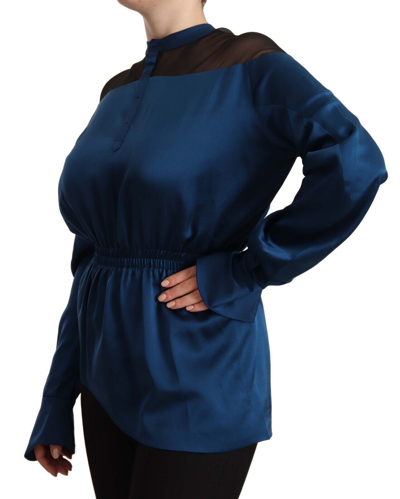 Masha Ma Elegantna svilena bluza s posvetilnim izrezom v modri barvi