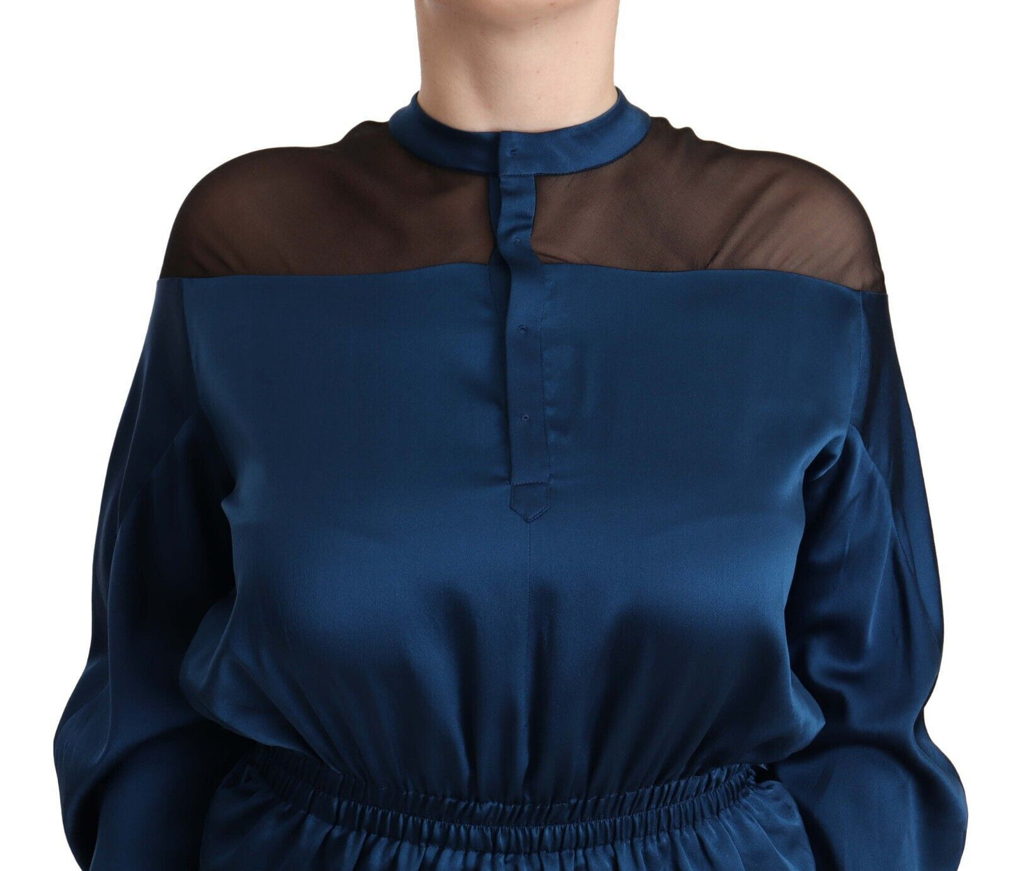 Masha Ma Elegantna svilena bluza s posvetilnim izrezom v modri barvi