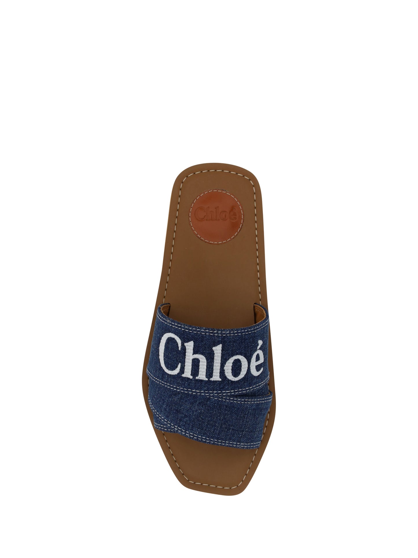 Chloé Sandale Woody Slide iz svilnatega bombaža v džinsasti modri barvi