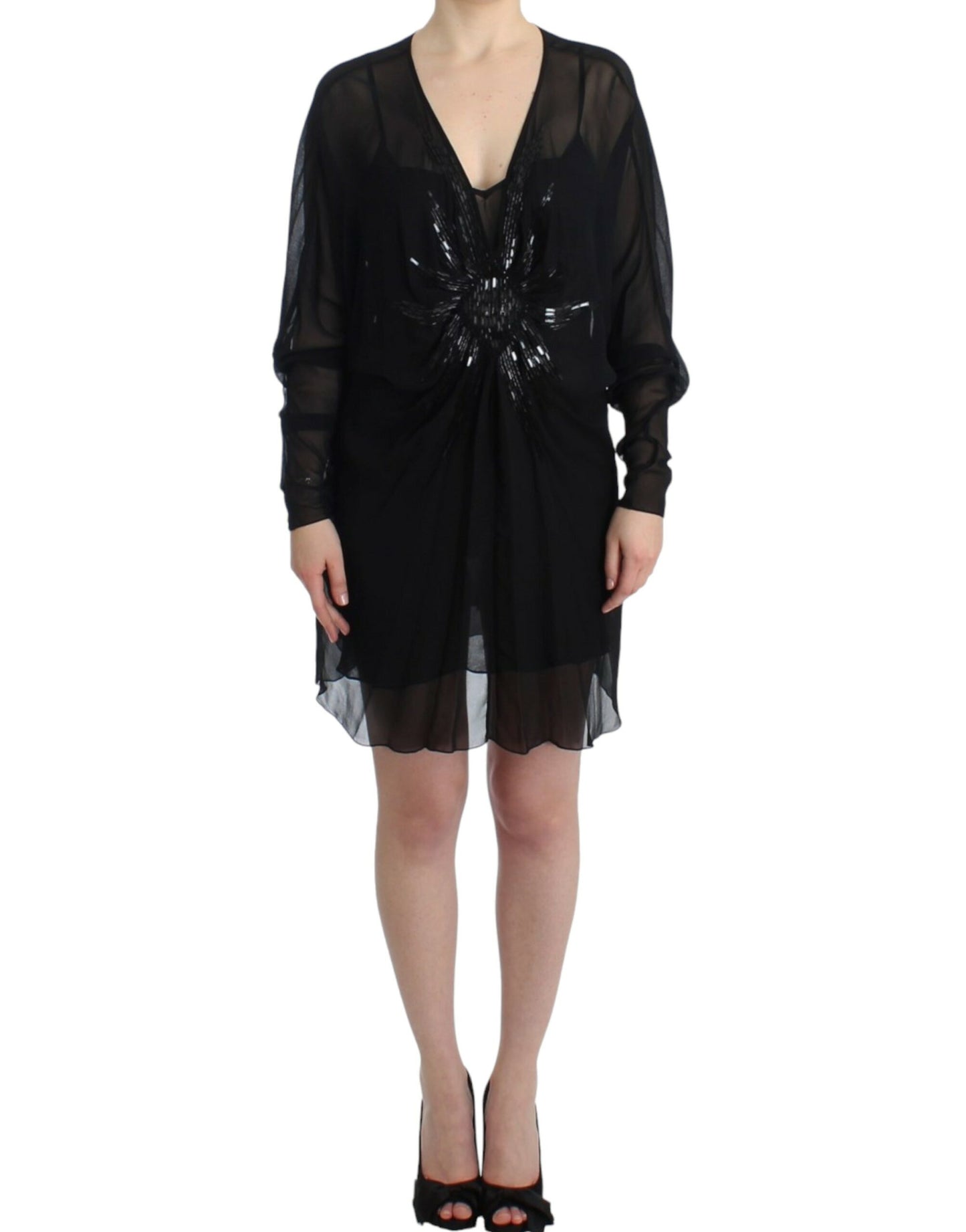 Cavalli Elegantna prosojna črna svilena obleka Blouson