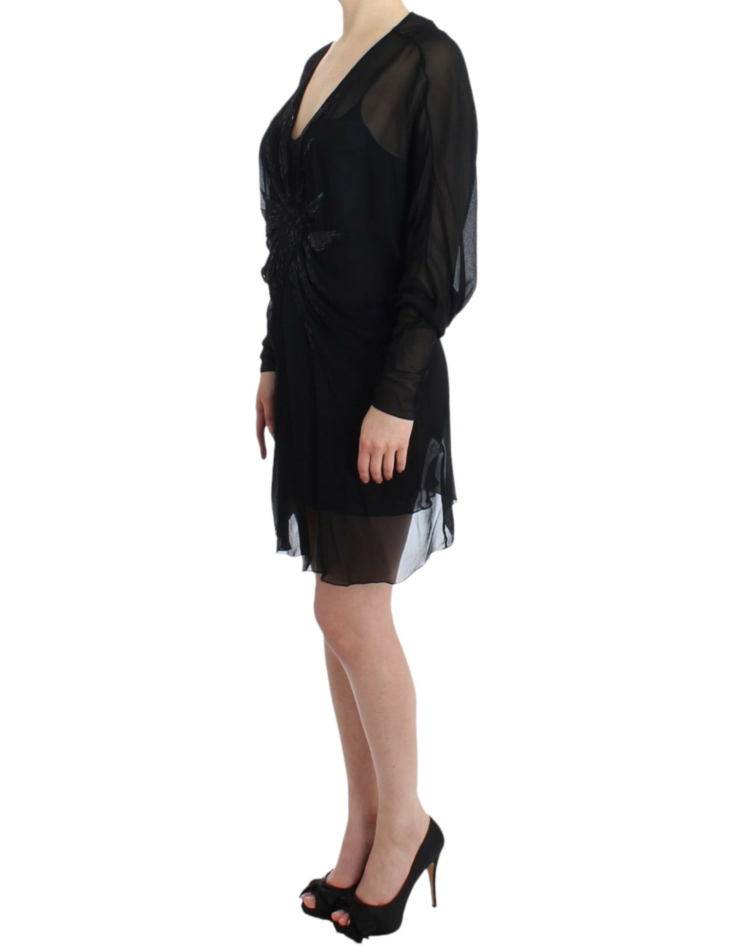 Cavalli Elegantna prosojna črna svilena obleka Blouson