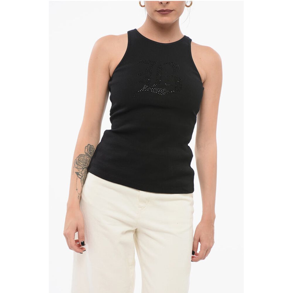Blumarine Ribbed Tank Top with Rhinestoned Logo
