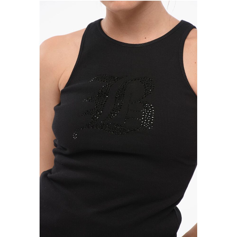 Blumarine Ribbed Tank Top with Rhinestoned Logo