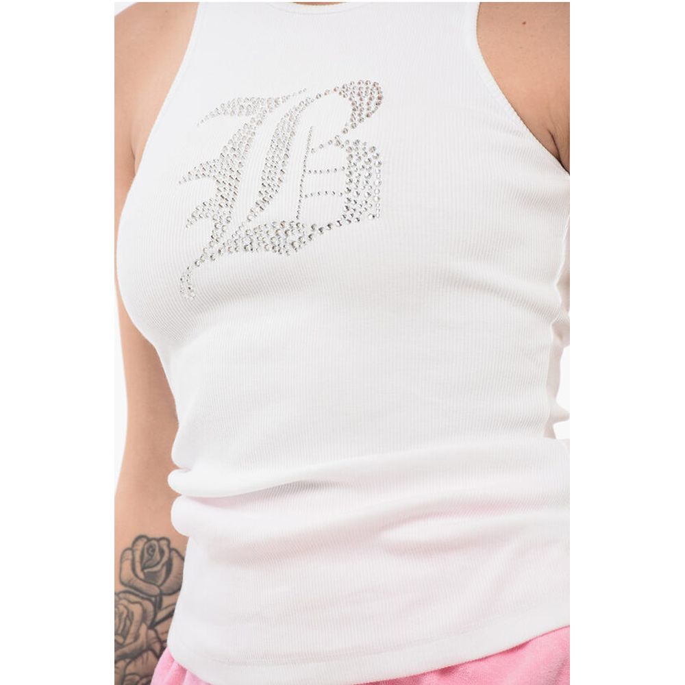 Blumarine Ribbed Tank Top with Rhinestoned Logo