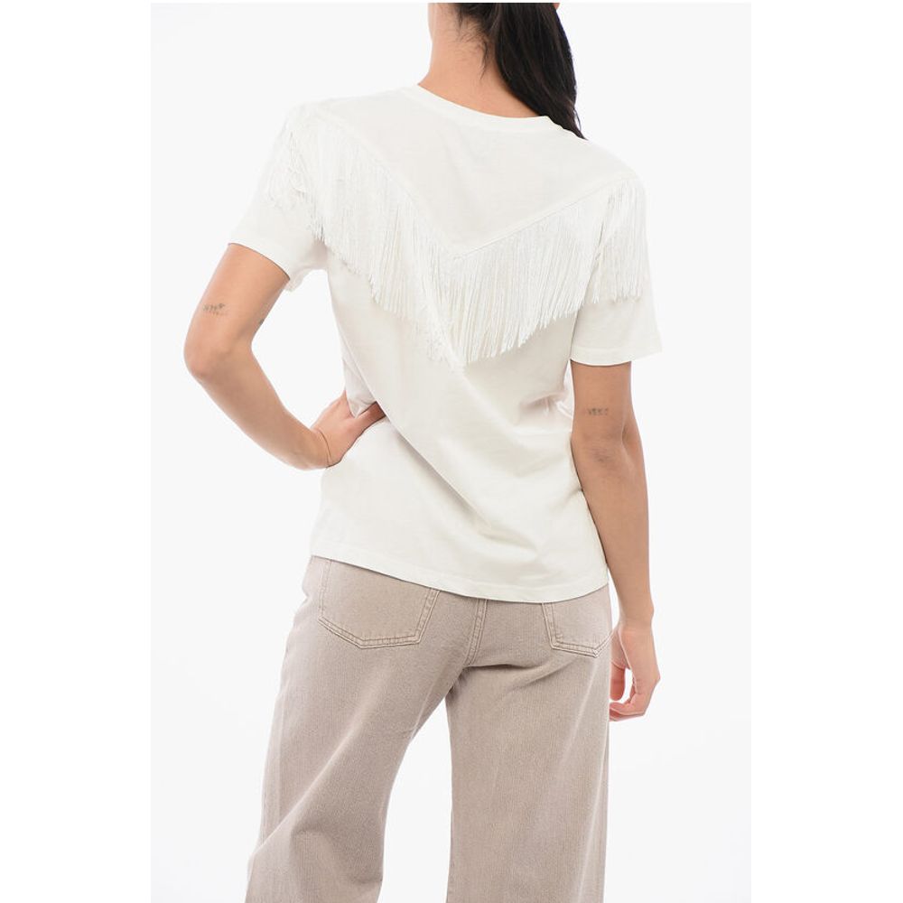 PINKO Cotton UNDER WORLD Crew-neck T-shirt with Fringes