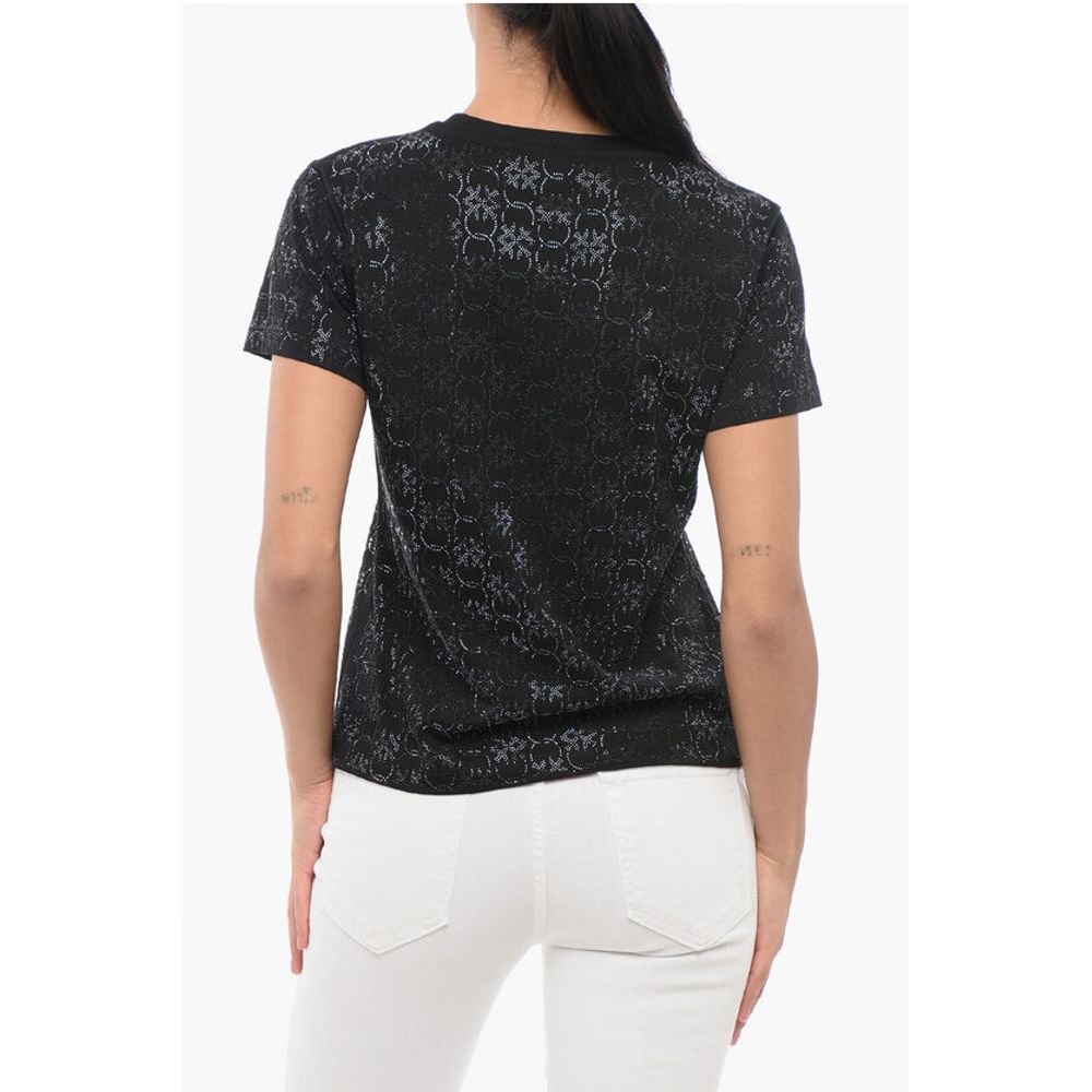 PINKO DENIM All-Over Rhinestone Cotton QUENTIN Crew-neck T-shirt