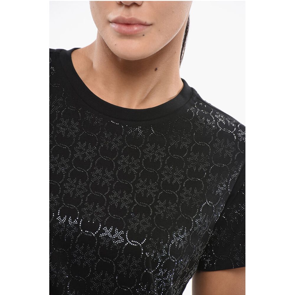 PINKO DENIM All-Over Rhinestone Cotton QUENTIN Crew-neck T-shirt