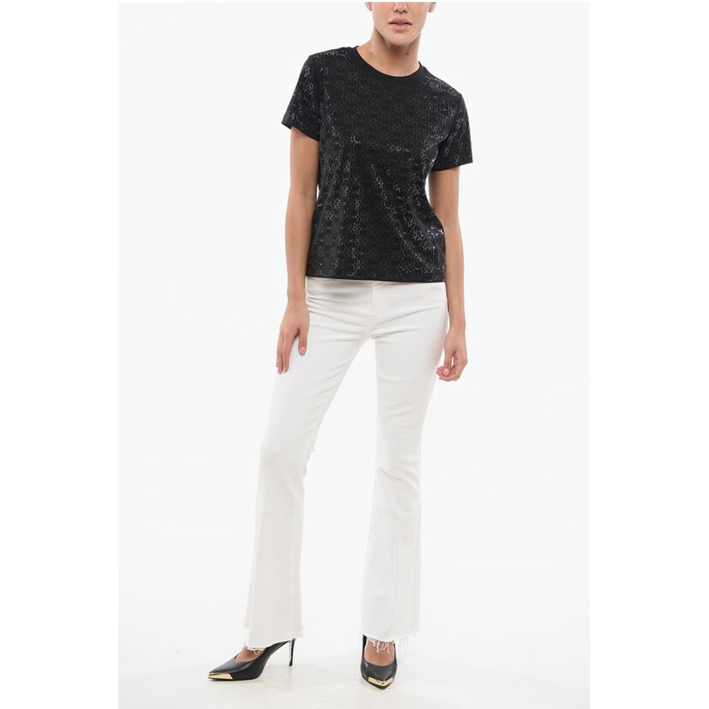 PINKO DENIM All-Over Rhinestone Cotton QUENTIN Crew-neck T-shirt
