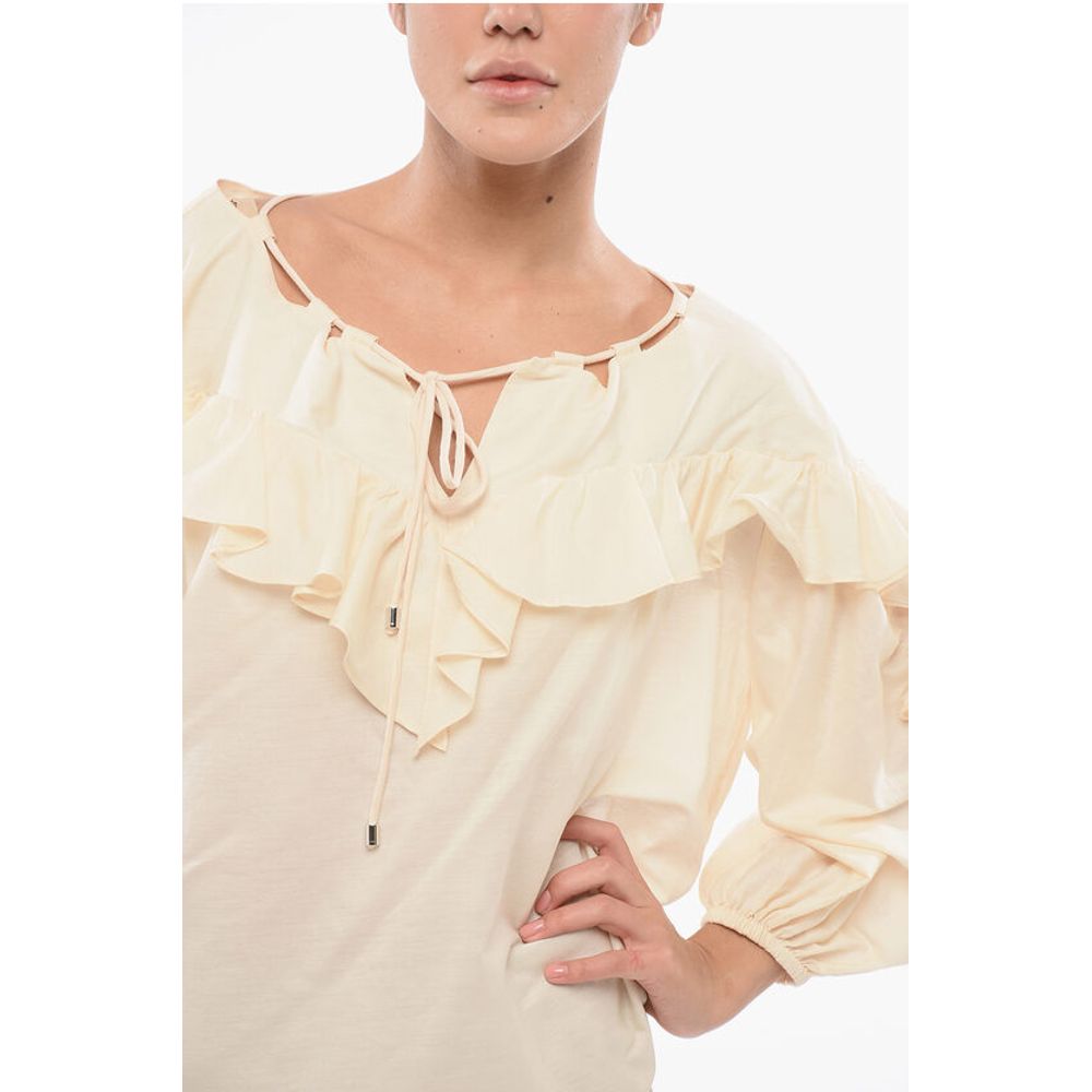 PINKO Solid Color Cotton and Silk BONES Blouse with Ruffles
