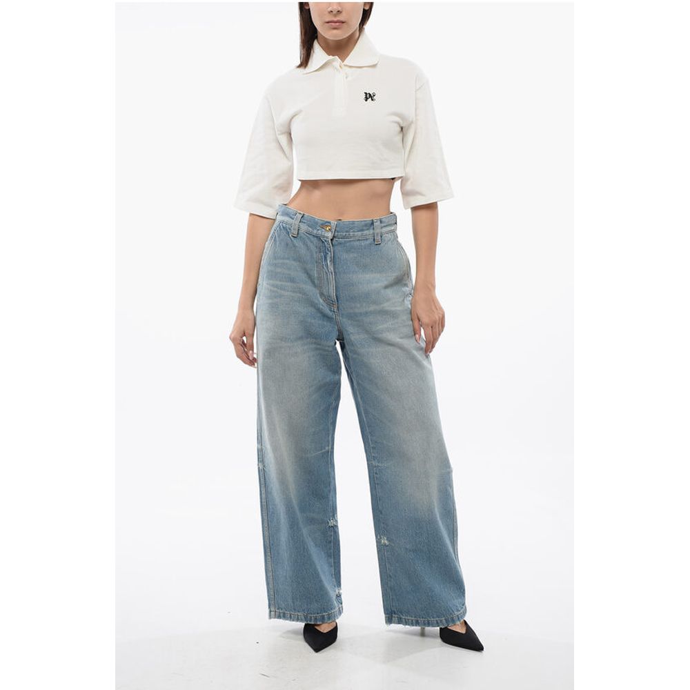Palm Angels Short Sleeved Cropped Polo With Embroidered Logo