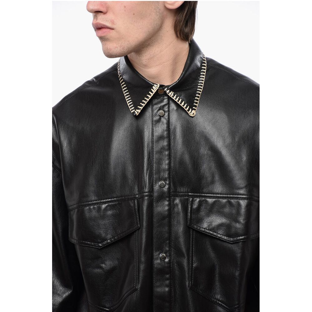 Nanushka Short Sleeved Faux Leather Shirt with Raffia Stitching