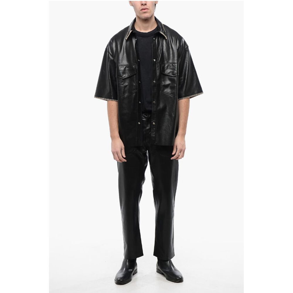 Nanushka Short Sleeved Faux Leather Shirt with Raffia Stitching