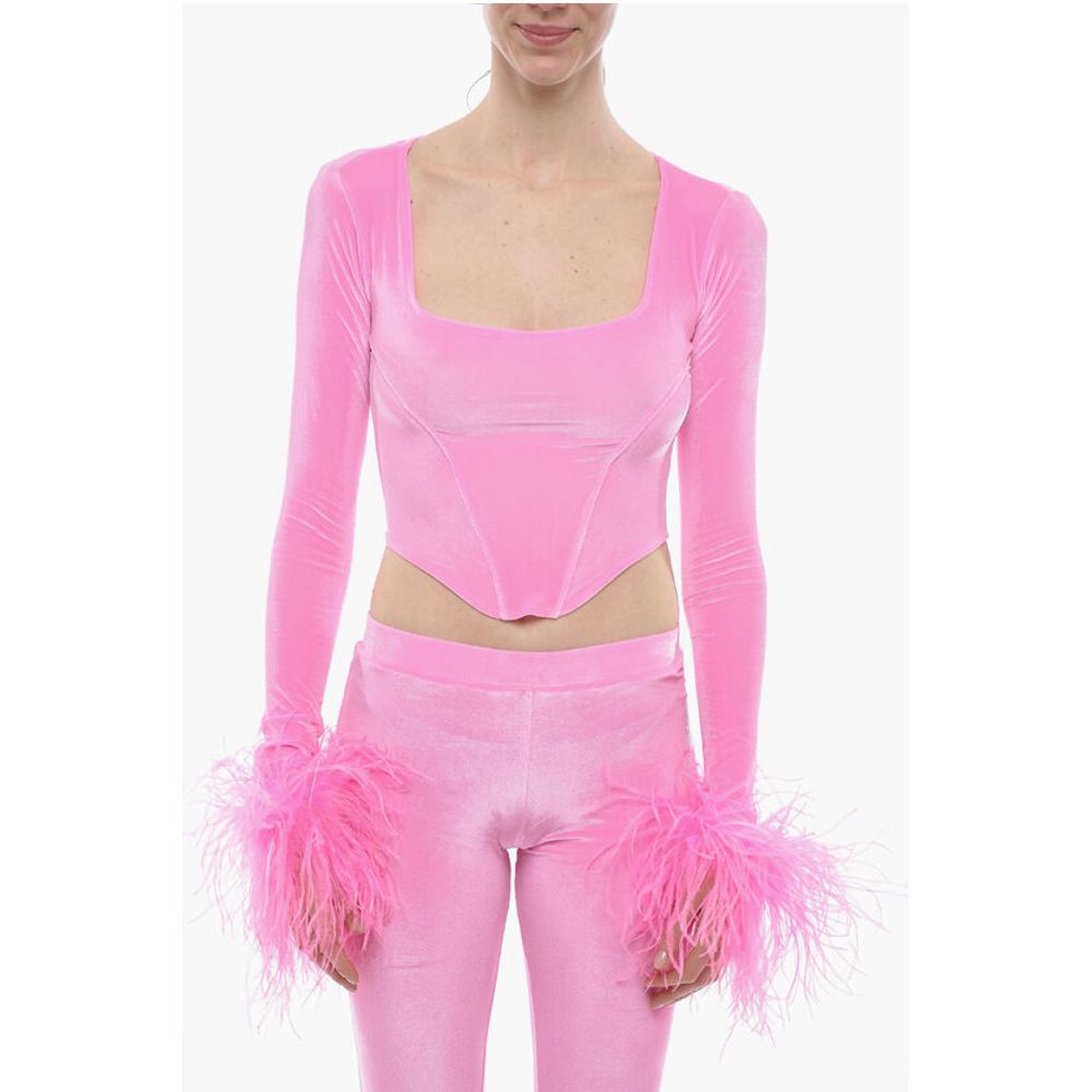 Adriana Hot Couture Bustier Chenille Bustier Top with Faux Feather on the Sleeve