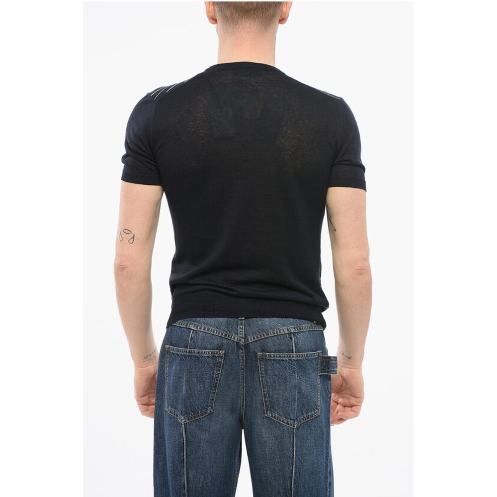 Corneliani Short Sleeved Striped Silk and Linen Crewneck Sweater