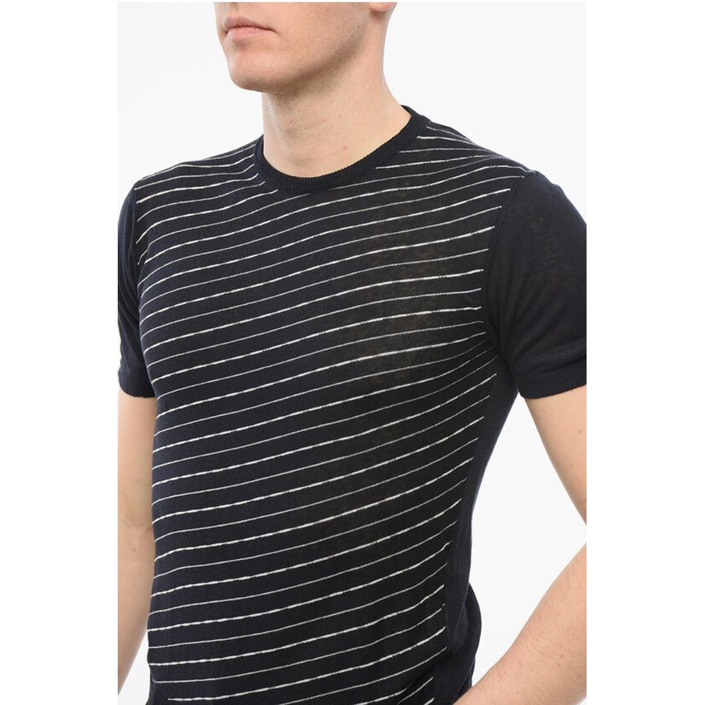 Corneliani Short Sleeved Striped Silk and Linen Crewneck Sweater