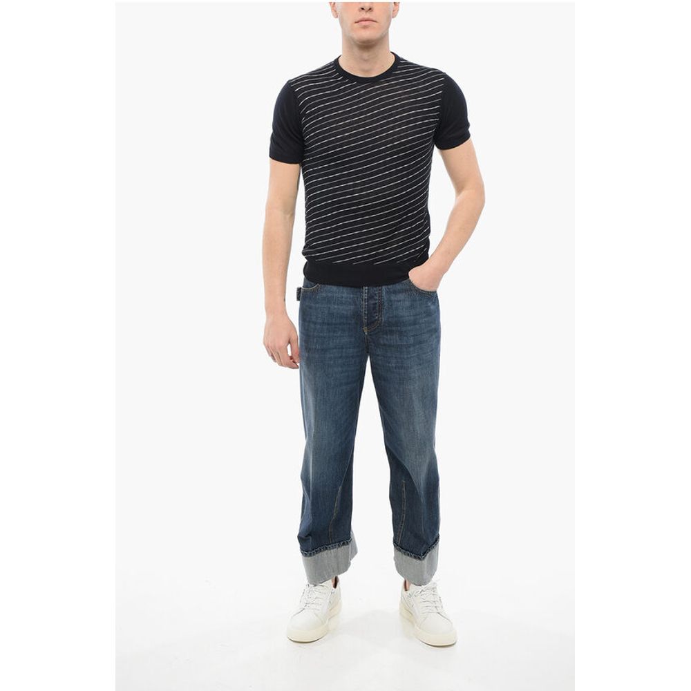 Corneliani Short Sleeved Striped Silk and Linen Crewneck Sweater