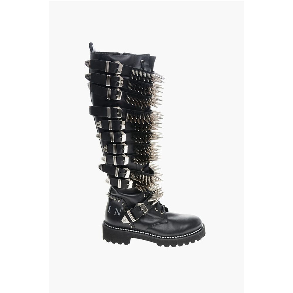 Philipp Plein Leather Lace-up Boots with All-Over Studs 4.5cm
