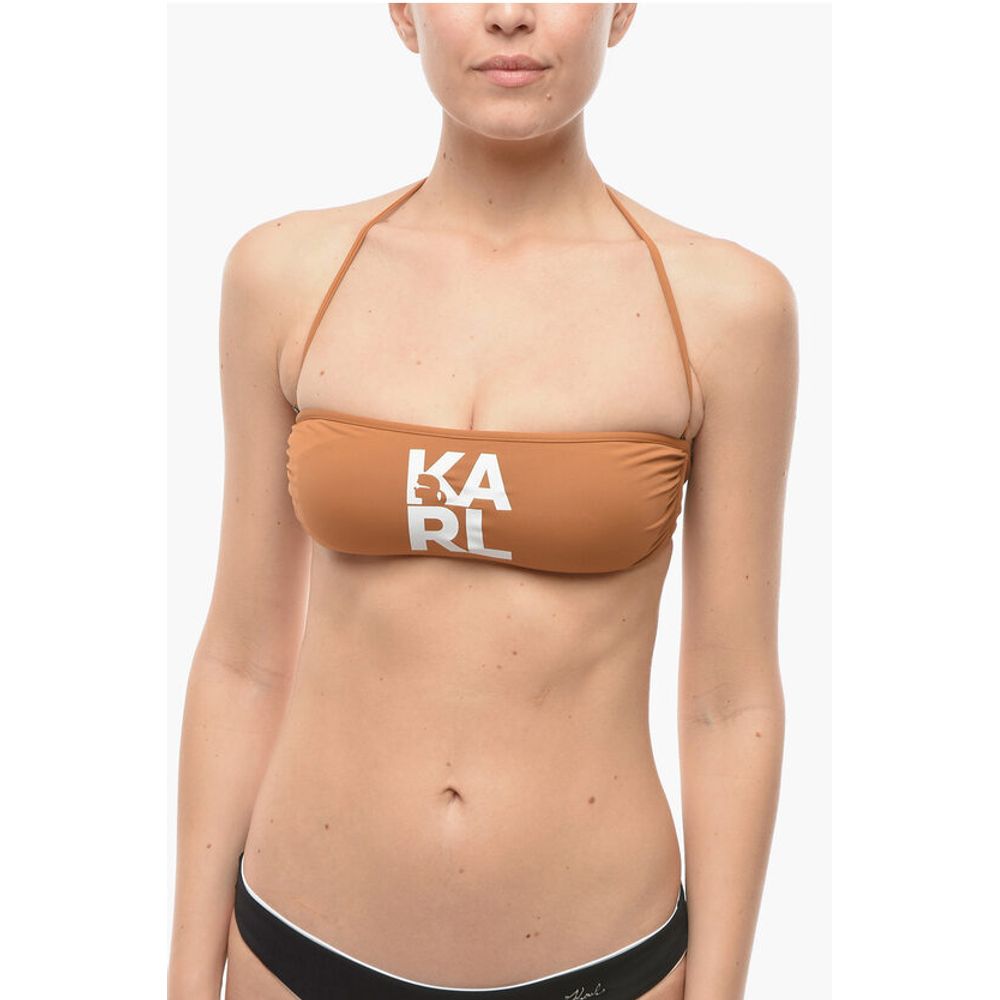 Karl Lagerfeld Solid Color Bandeau Bikini Top with Printed Contrasting Logo