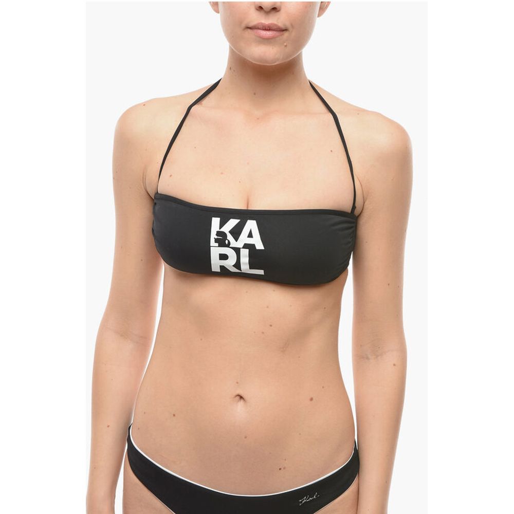 Karl Lagerfeld Solid Color Bandeau Bikini Top with Printed Contrasting Logo