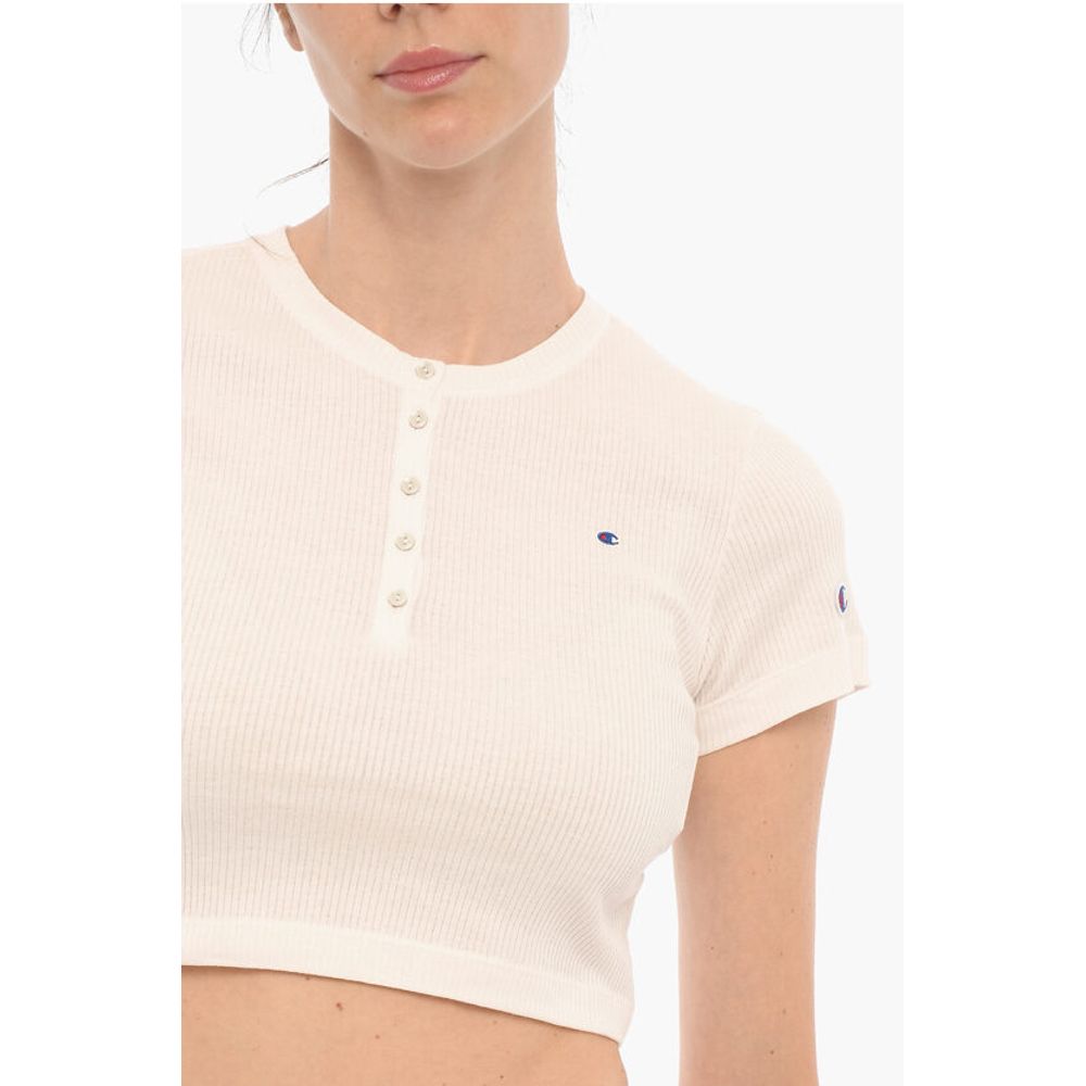 Champion Ribbed Crew-neck Cropped T-Shirt with Front Buttoning