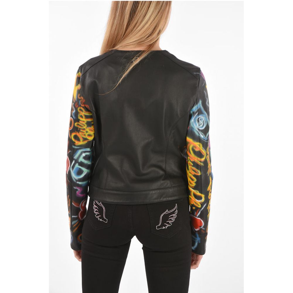 Philipp Plein COUTURE Leather Jacket GRAFFITI with Printed Sleeves