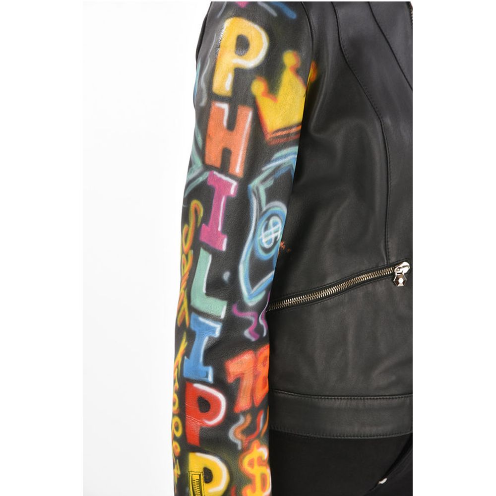Philipp Plein COUTURE Leather Jacket GRAFFITI with Printed Sleeves