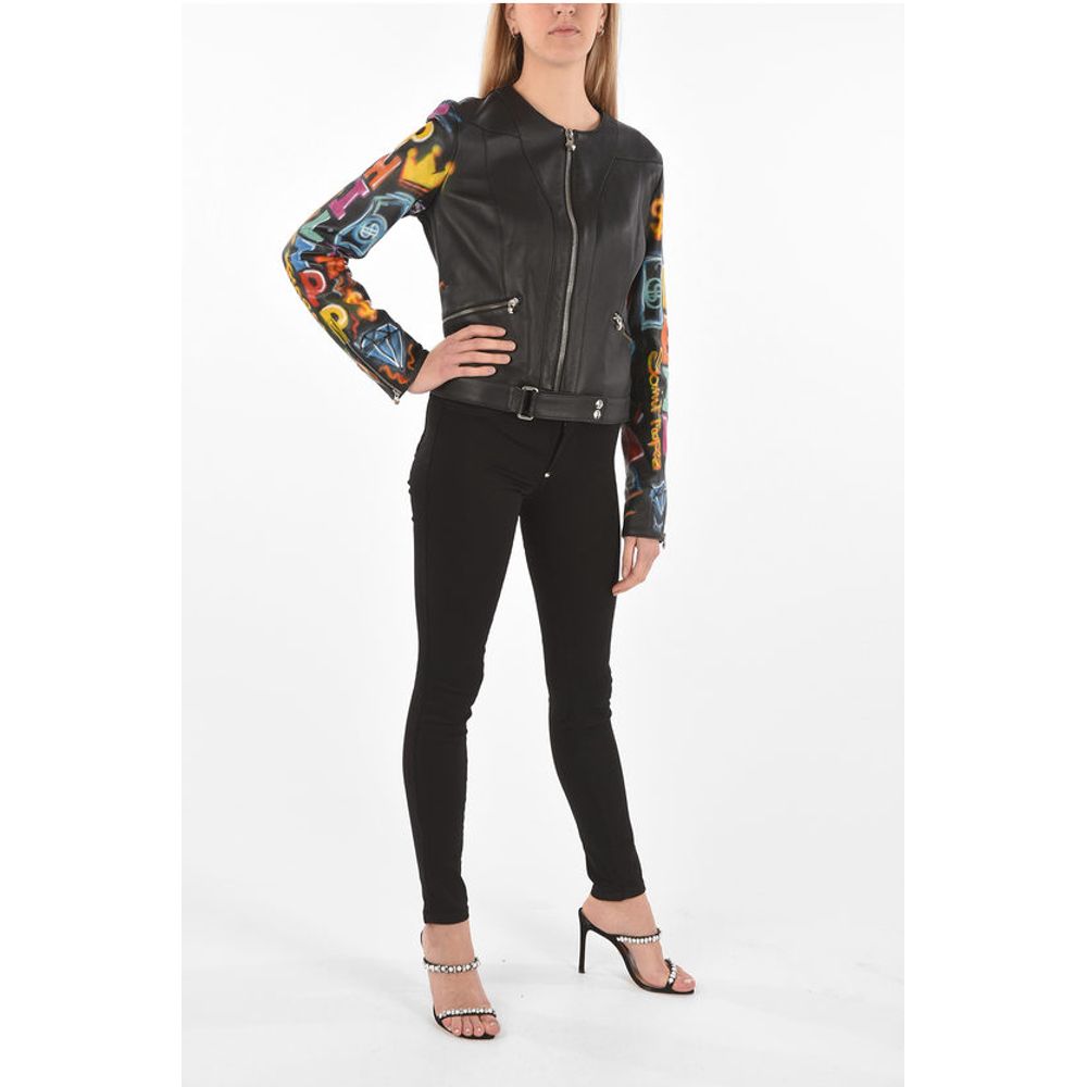 Philipp Plein COUTURE Leather Jacket GRAFFITI with Printed Sleeves