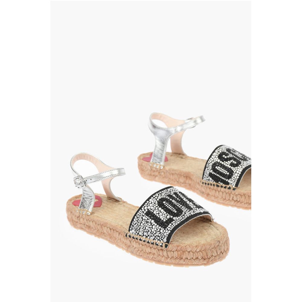 Moschino LOVE Laminated Leather Ankle Strap Sandals with Rhinestoned