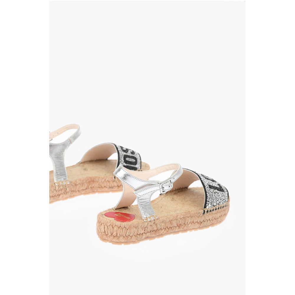 Moschino LOVE Laminated Leather Ankle Strap Sandals with Rhinestoned