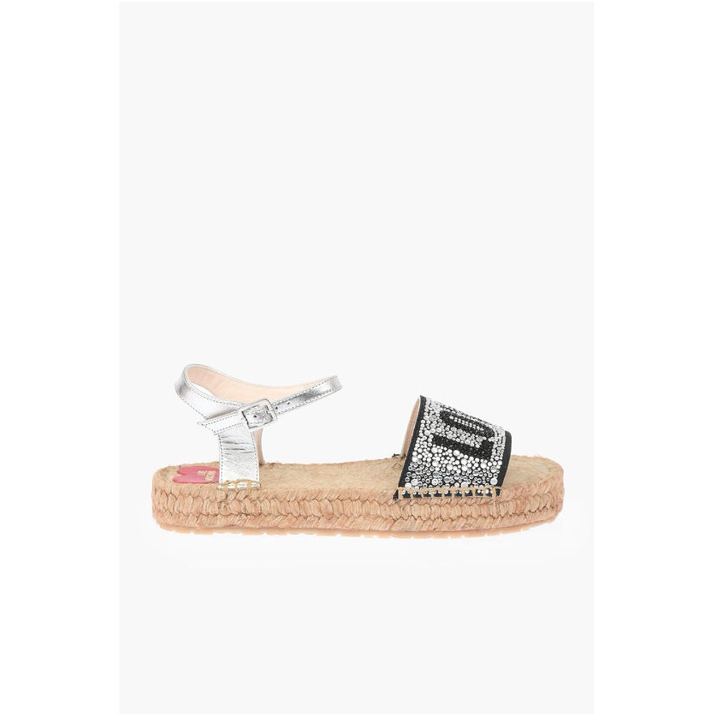 Moschino LOVE Laminated Leather Ankle Strap Sandals with Rhinestoned