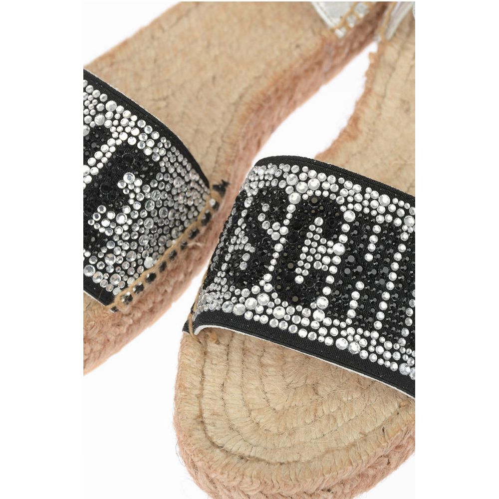 Moschino LOVE Laminated Leather Ankle Strap Sandals with Rhinestoned