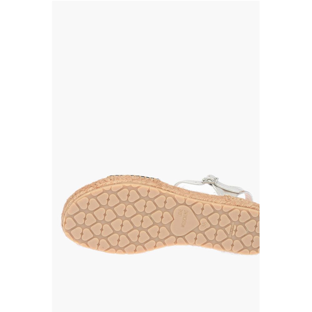 Moschino LOVE Laminated Leather Ankle Strap Sandals with Rhinestoned
