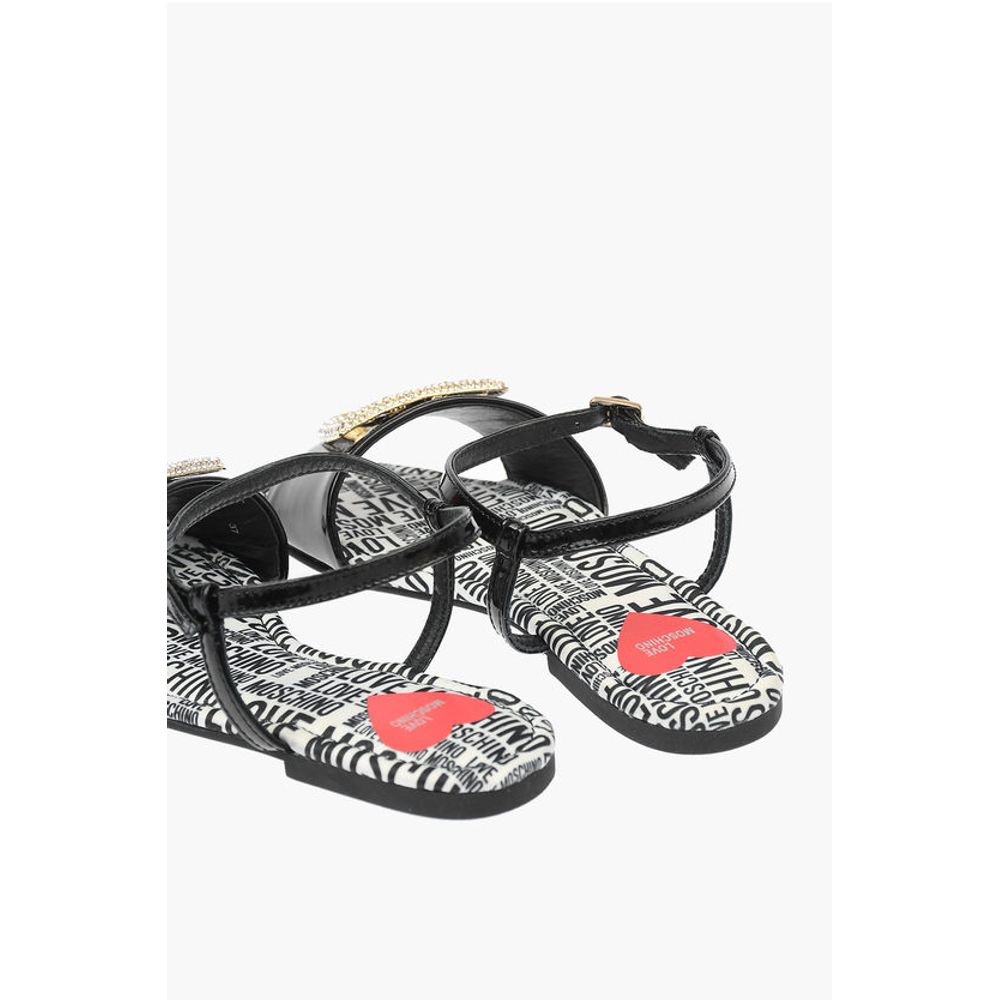 Moschino LOVE Patent Leather Flat Sandals with Logoed Jewel Detail