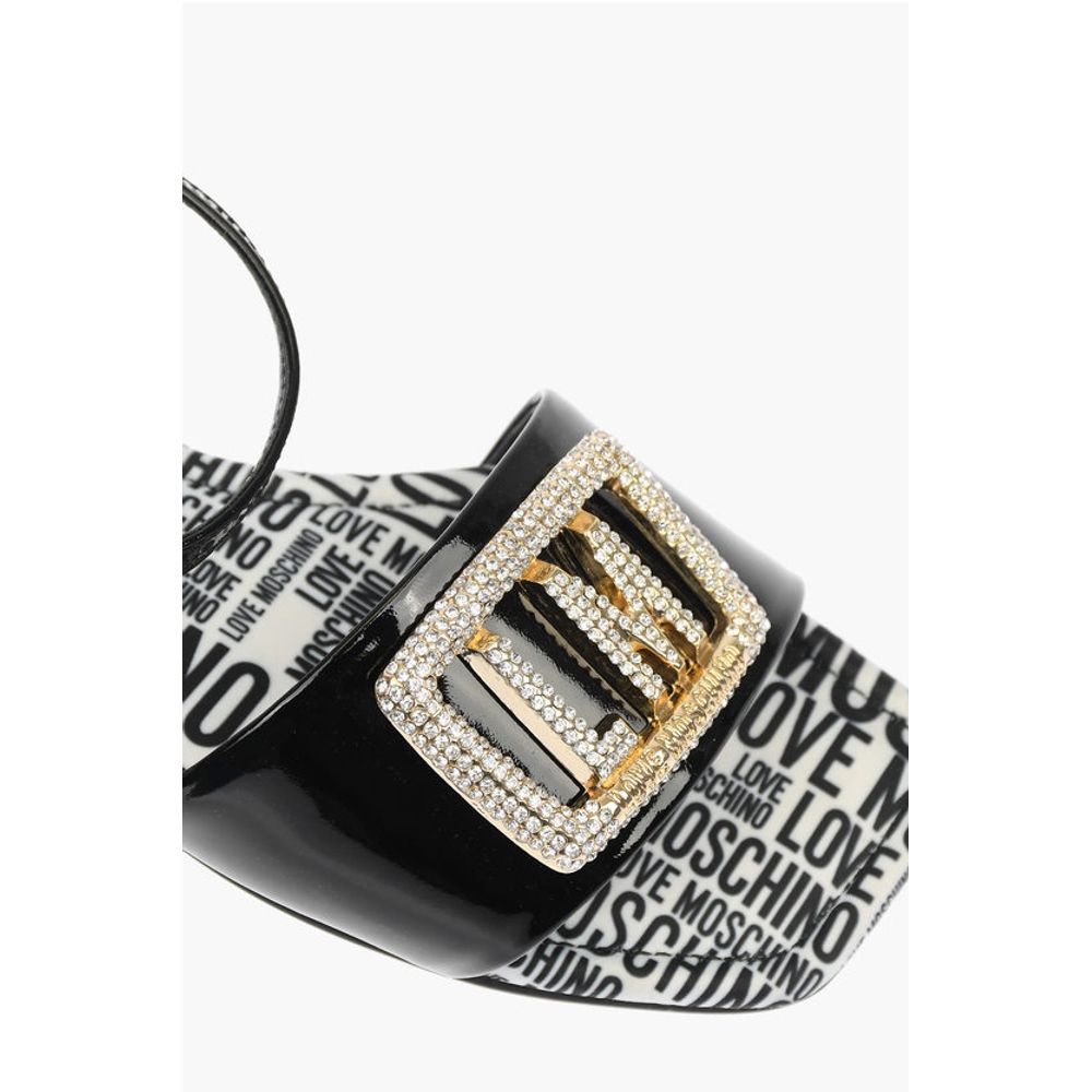 Moschino LOVE Patent Leather Flat Sandals with Logoed Jewel Detail
