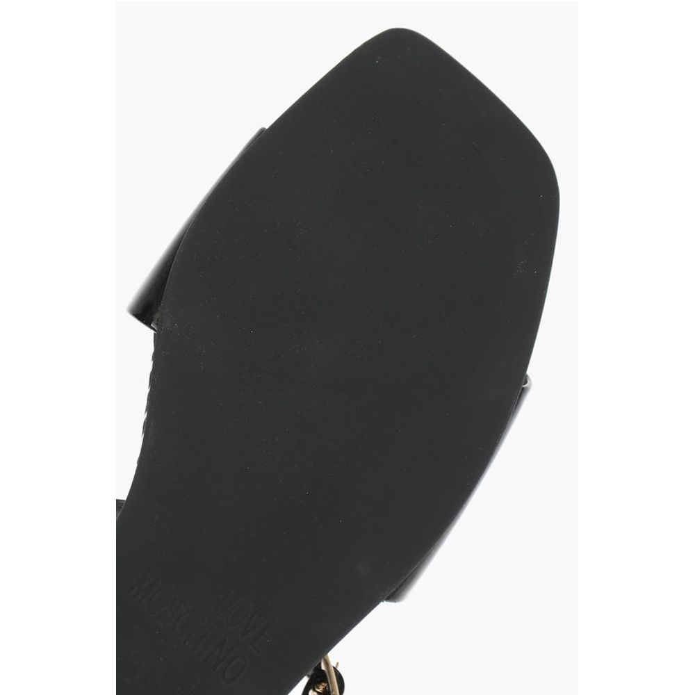 Moschino LOVE Patent Leather Flat Sandals with Logoed Jewel Detail
