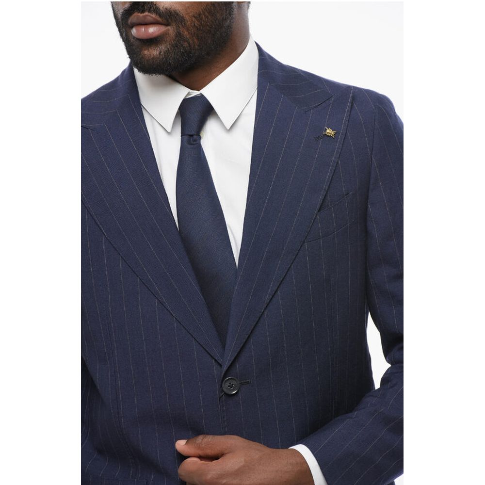 Corneliani Striped Wool Blend Suit With Peak Lapel
