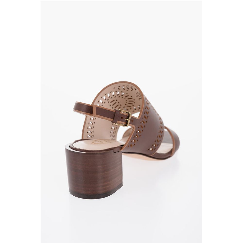 Tod's Laser Cut Leather Sandals with Wooden Heel 5,5cm