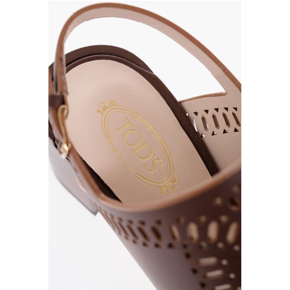 Tod's Laser Cut Leather Sandals with Wooden Heel 5,5cm