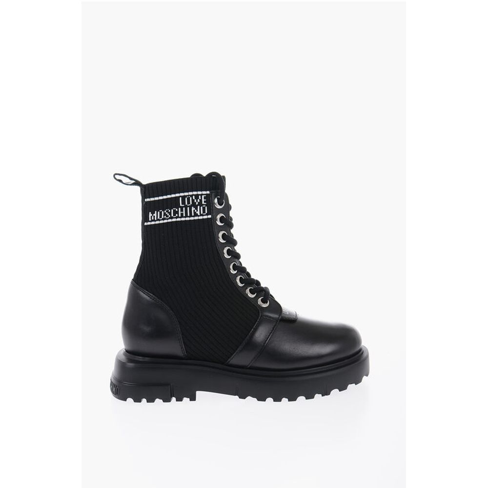 Moschino LOVE Leather and Fabric Combat Boots with Contrasting Detail