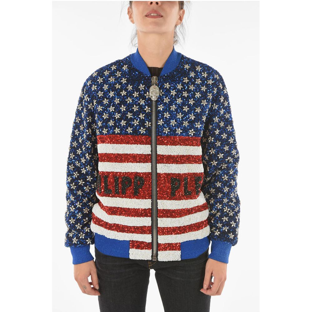 Philipp Plein COUTURE All-Over Sequine and Crystal AMERICA Bomber Jacket