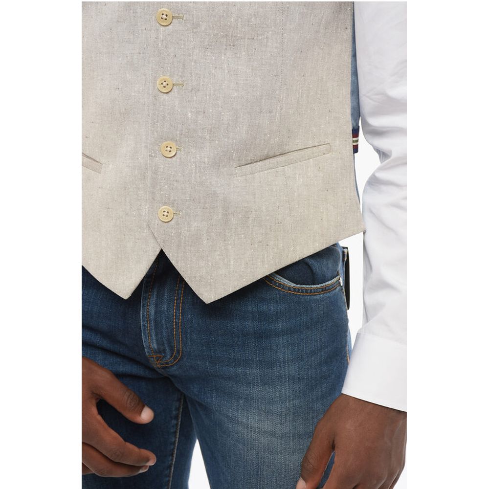 Corneliani C COLLECTION 5 Buttons Linen Blend Vest With Jetted Pockets