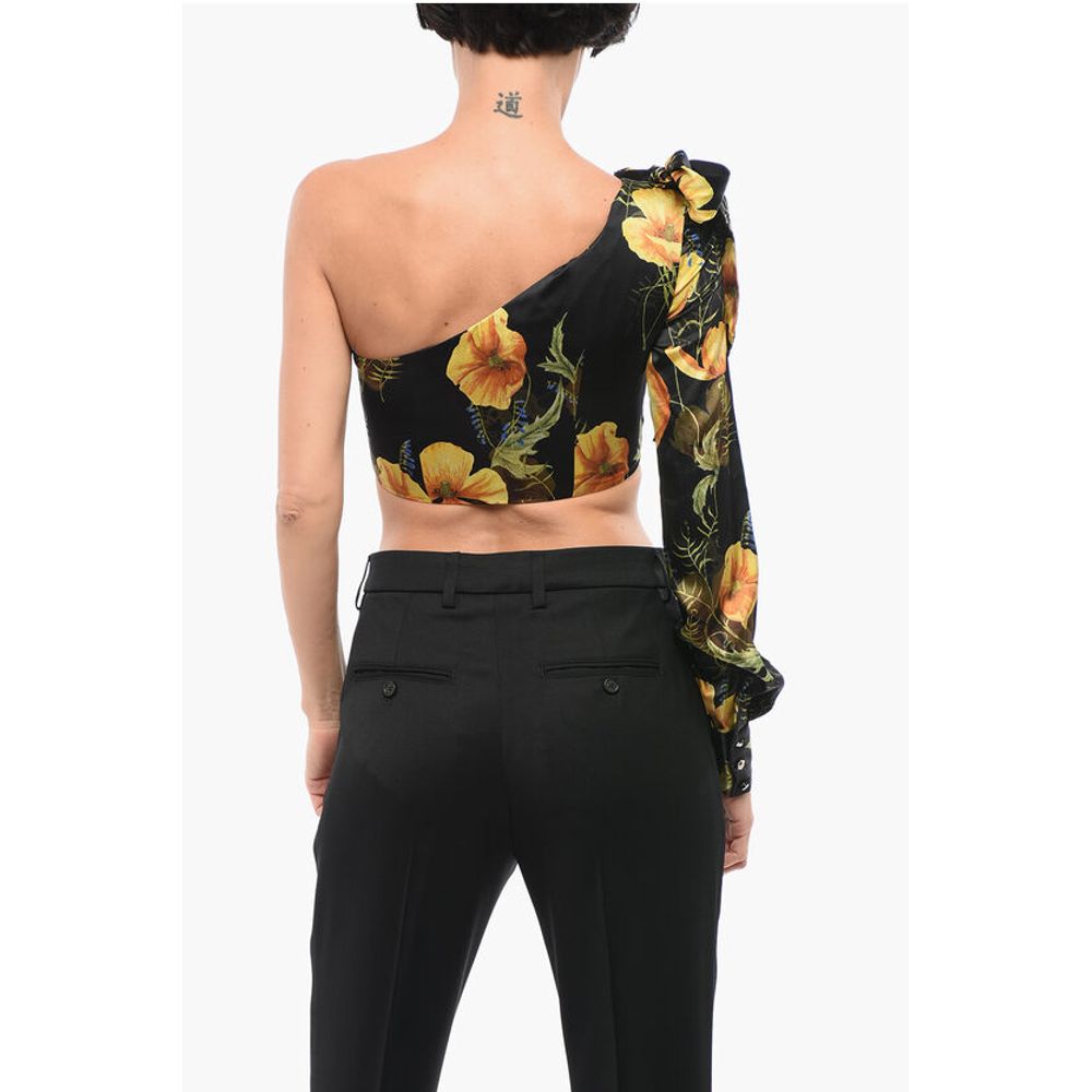 Philipp Plein COUTURE Floral Patterned Silk One-Shoulder Crop Top with Bow