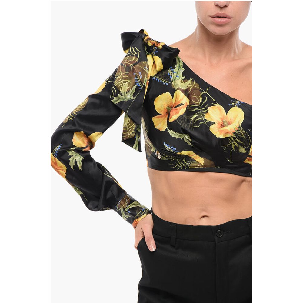 Philipp Plein COUTURE Floral Patterned Silk One-Shoulder Crop Top with Bow
