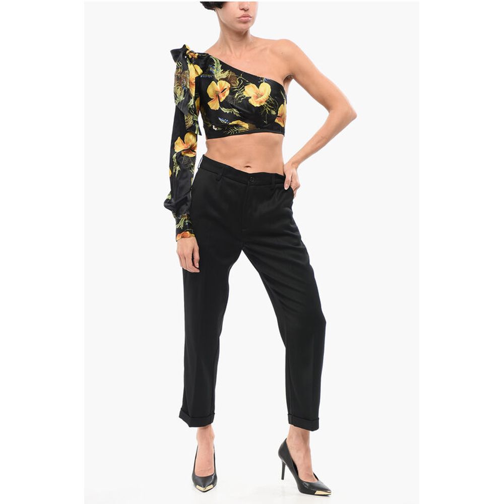 Philipp Plein COUTURE Floral Patterned Silk One-Shoulder Crop Top with Bow