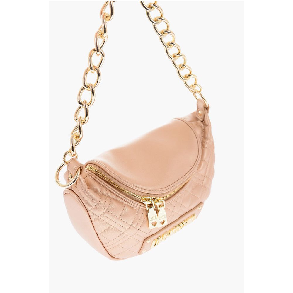 Moschino LOVE Quilted Shiny Faux Leather Crossbody Bag with Golden Ch
