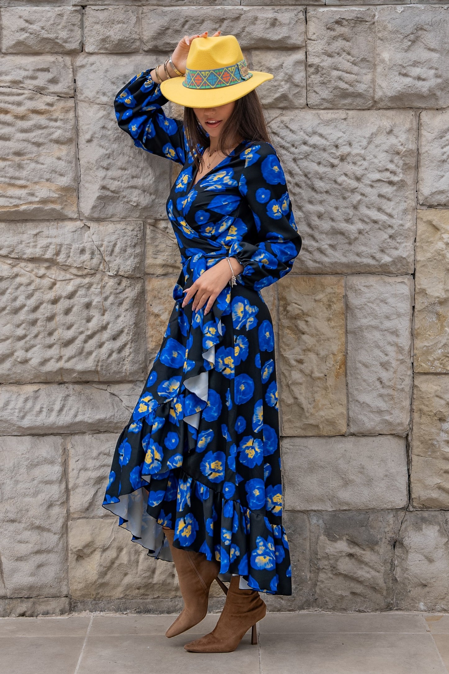 ANNA dolga obleka - Modri cvetovi