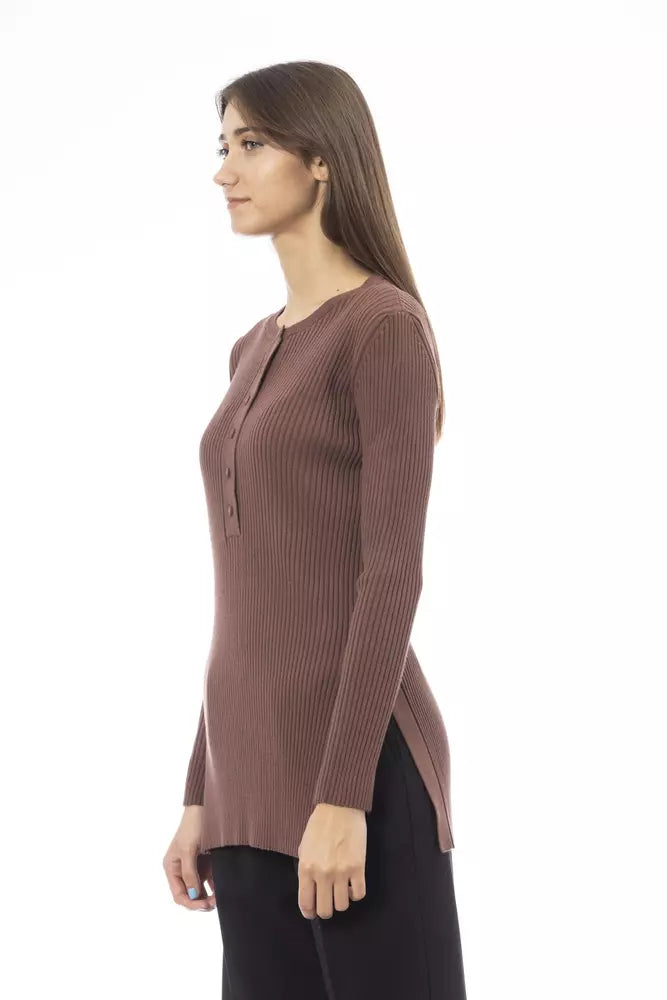 Alpha Studio Brown Viscose Women Sweater with Side Slits