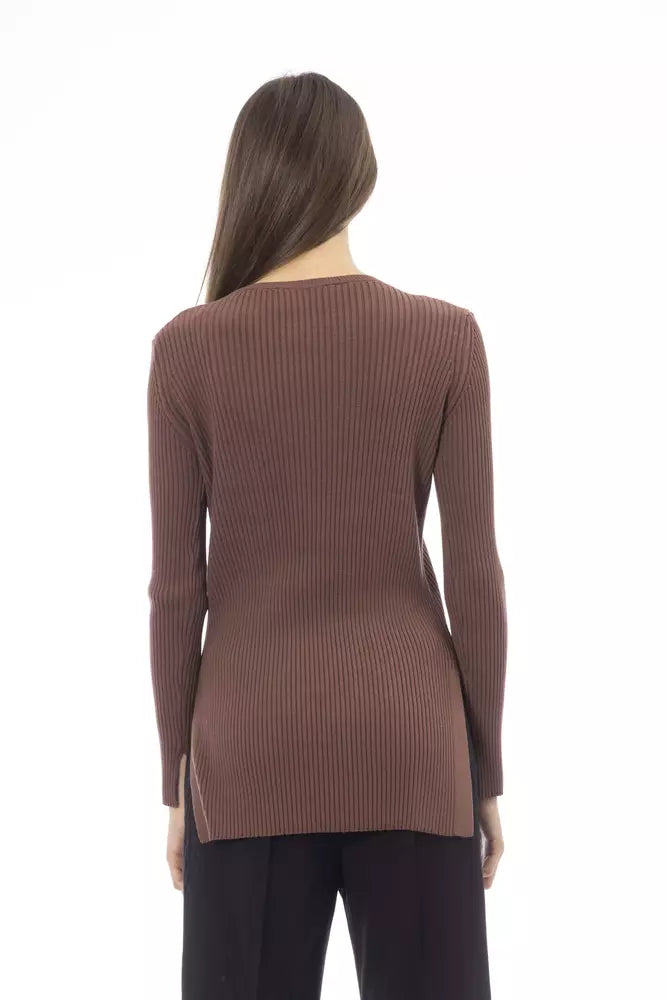Alpha Studio Brown Viscose Women Sweater with Side Slits