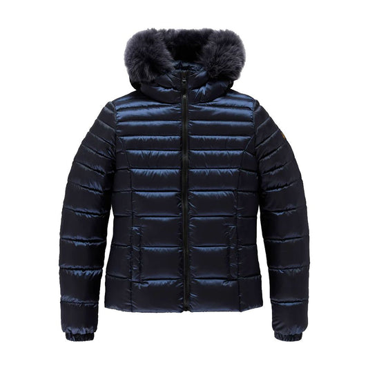 Refrigiwear Blue Nylon Women Jacket with Feather Padding and Fur Hood