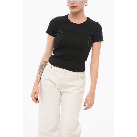 Blumarine Ribbed Crop T-Shirt with Rhinestoned Logo